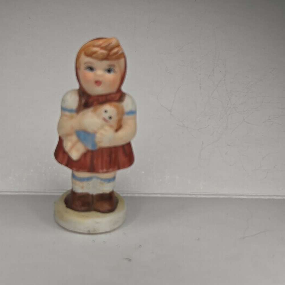 VTG Japan Ceramic Girl Holding Doll Figurine Red Hood Blue Dress Small 1950s MCM